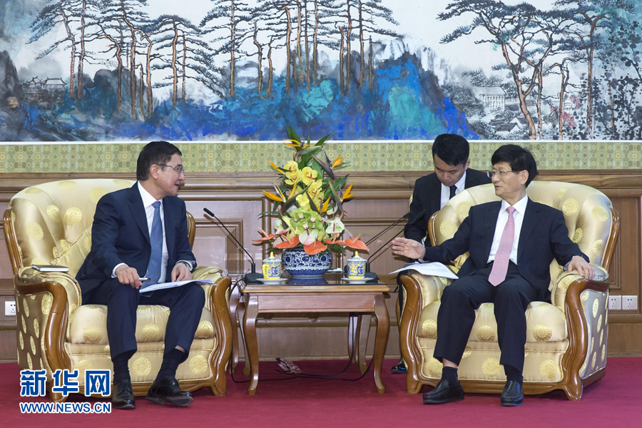 7月19日，中共中央政治局委員、中央政法委書記孟建柱在北京會見烏茲別克斯坦副總理庫奇卡羅夫。 新華社記者崔新鈺攝