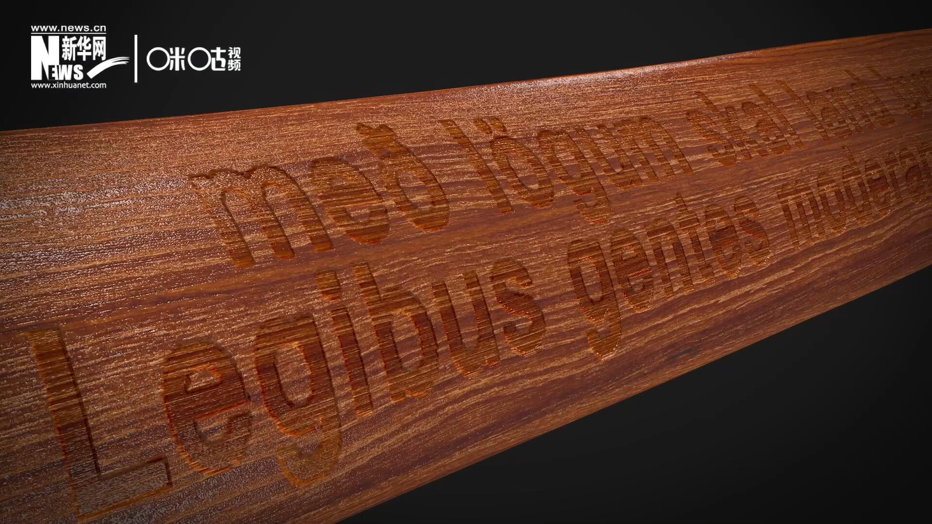 這把木槌尺寸超大、顏色棕紅、精雕細(xì)刻，上面刻有“社會(huì)必須建立在法律的基礎(chǔ)上”。