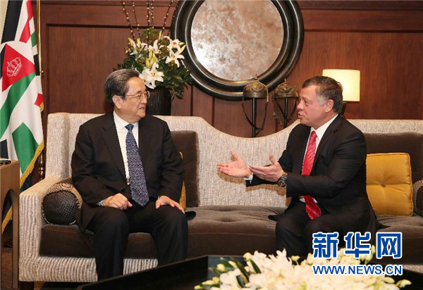 11月9日，正在約旦進行正式友好訪問的全國政協(xié)主席俞正聲在安曼會見約旦國王阿卜杜拉二世。 新華社記者 劉衛(wèi)兵 攝 