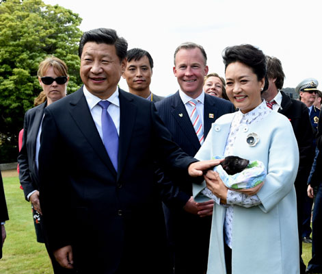 11月18日，國(guó)家主席習(xí)近平在澳大利亞塔斯馬尼亞州與朗塞斯頓市斯科奇－歐克伯恩小學(xué)的小學(xué)生共同植樹(shù)。這是習(xí)近平和夫人彭麗媛植樹(shù)后撫摸袋獾。新華社記者 饒愛(ài)民 攝